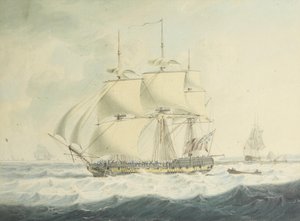 H.M.S. Thisbe navegando por el Canal con velas reducidas en condiciones agitadas, con otros barcos cerca